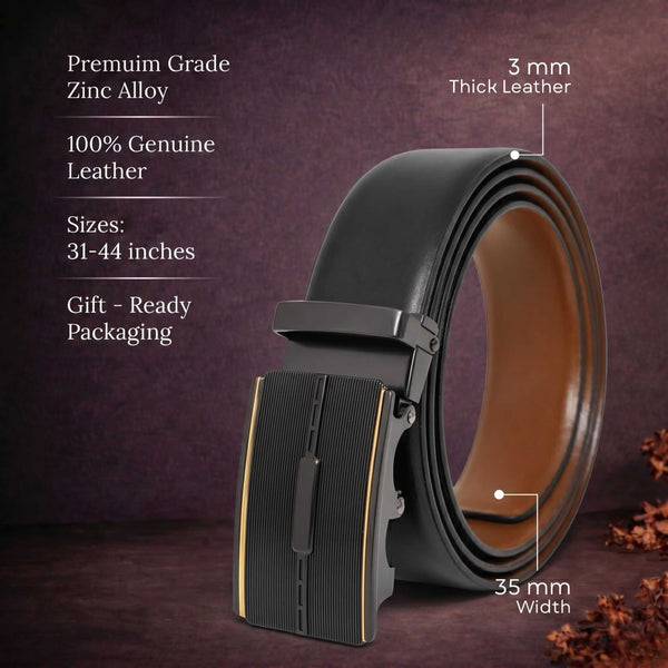 Mens 100% Genuine Leather Belt - VELARO Smooth Matte, VITARO Cross-Hatch Auto-Lock Buckle (Black & Brown Reversible)