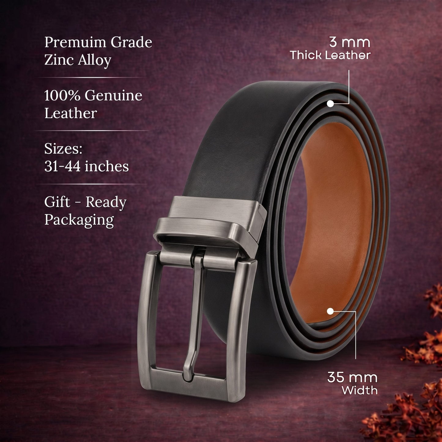 THE MEN THING Leather Belts Mens Genuine Leather Belt | 2 in 1 Reversible (Black & Brown) (1 Pc.) - VELARO -PIVOT