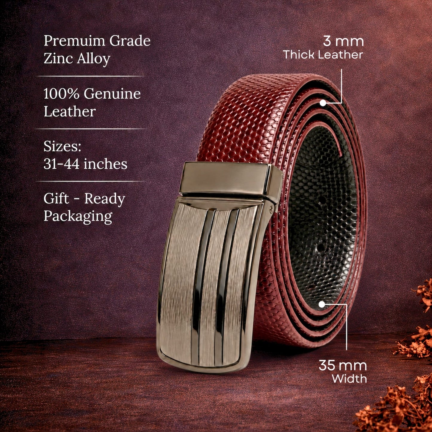 THE MEN THING Leather Belts Mens Genuine Leather Belt | 2 in 1 Reversible (Brown & Black) (1 Pc.) - LIZARD TEXTURE