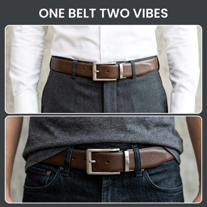 Mens 100% Genuine Leather Belt - LUXORIC Pebble-Grain, AXIOM Polished Pin Buckle (Brown & Black Reversible) — Leather Belts for Men | THE MEN THING