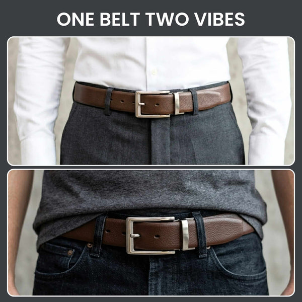 Mens 100% Genuine Leather Belt - LUXORIC Pebble-Grain, AXIOM Polished Pin Buckle (Brown & Black Reversible)