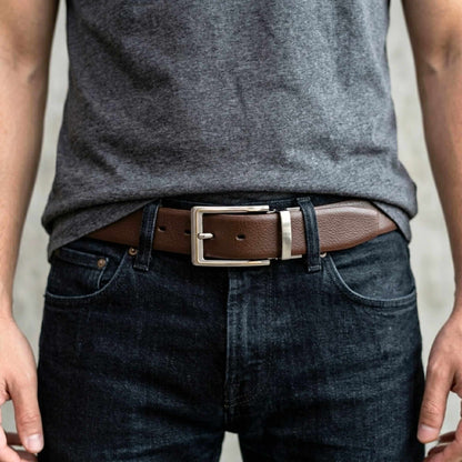 Mens 100% Genuine Leather Belt - LUXORIC Pebble-Grain, AXIOM Polished Pin Buckle (Brown & Black Reversible) — Leather Belts for Men | THE MEN THING