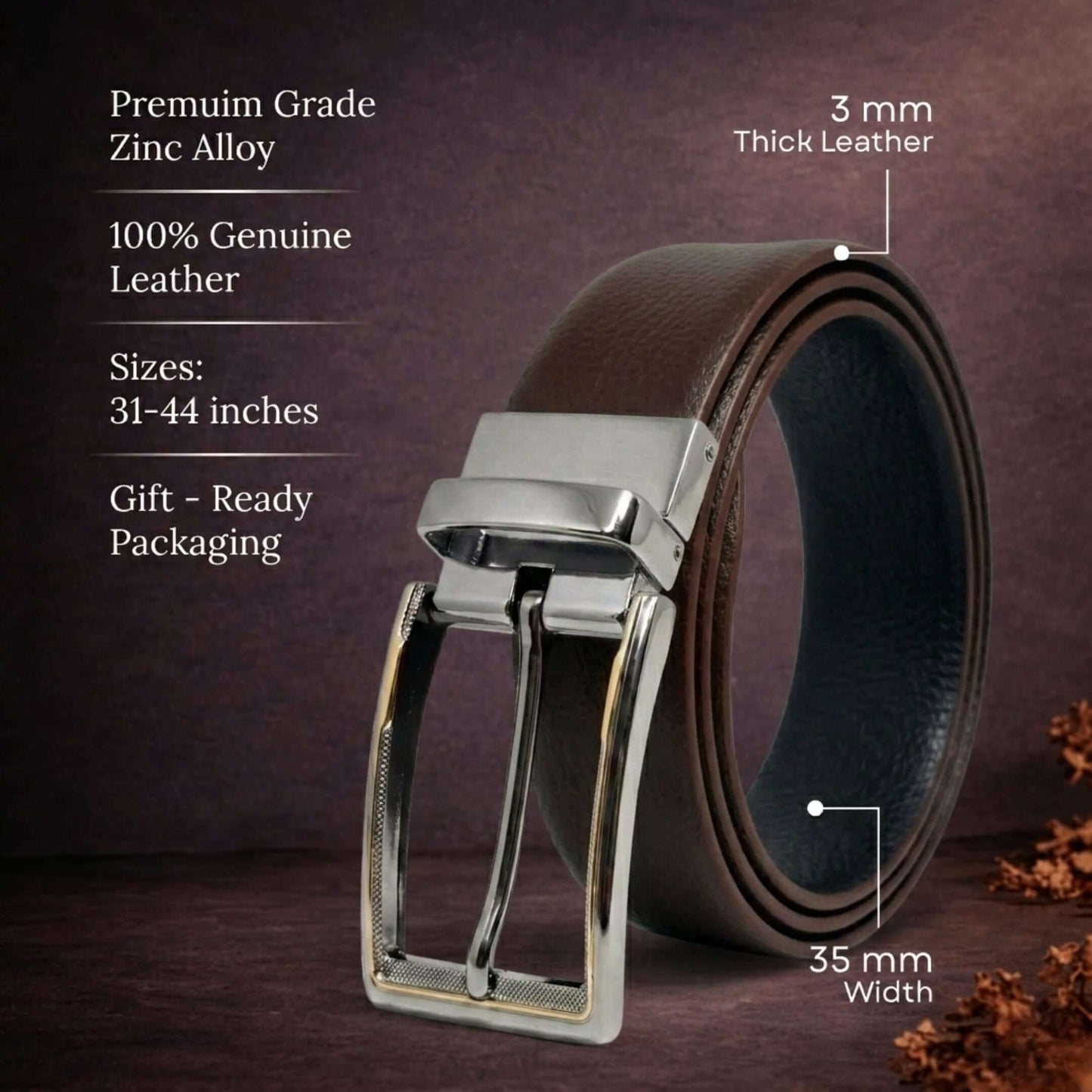 Mens 100% Genuine Leather Belt - LUXORIC Pebble-Grain, AXIOM Polished Pin Buckle (Brown & Black Reversible) — Leather Belts for Men | THE MEN THING