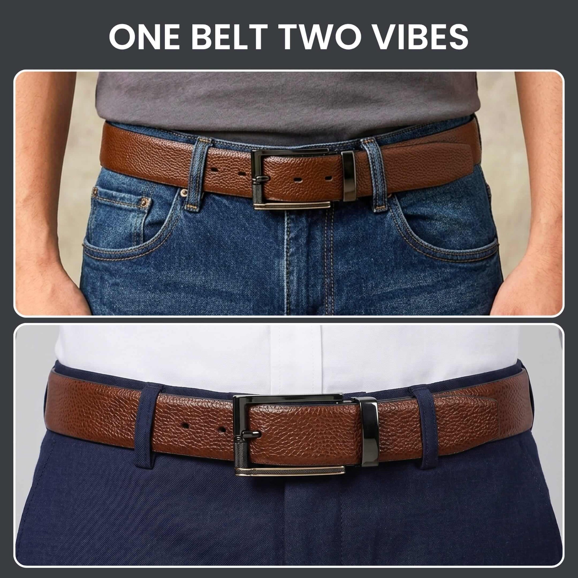 Mens 100% Genuine Leather Belt - LUXORIC Pebble-Grain, TORIX Brushed Bronze Pin Buckle (Brown & Black Reversible) — Leather Belts for Men | THE MEN THING