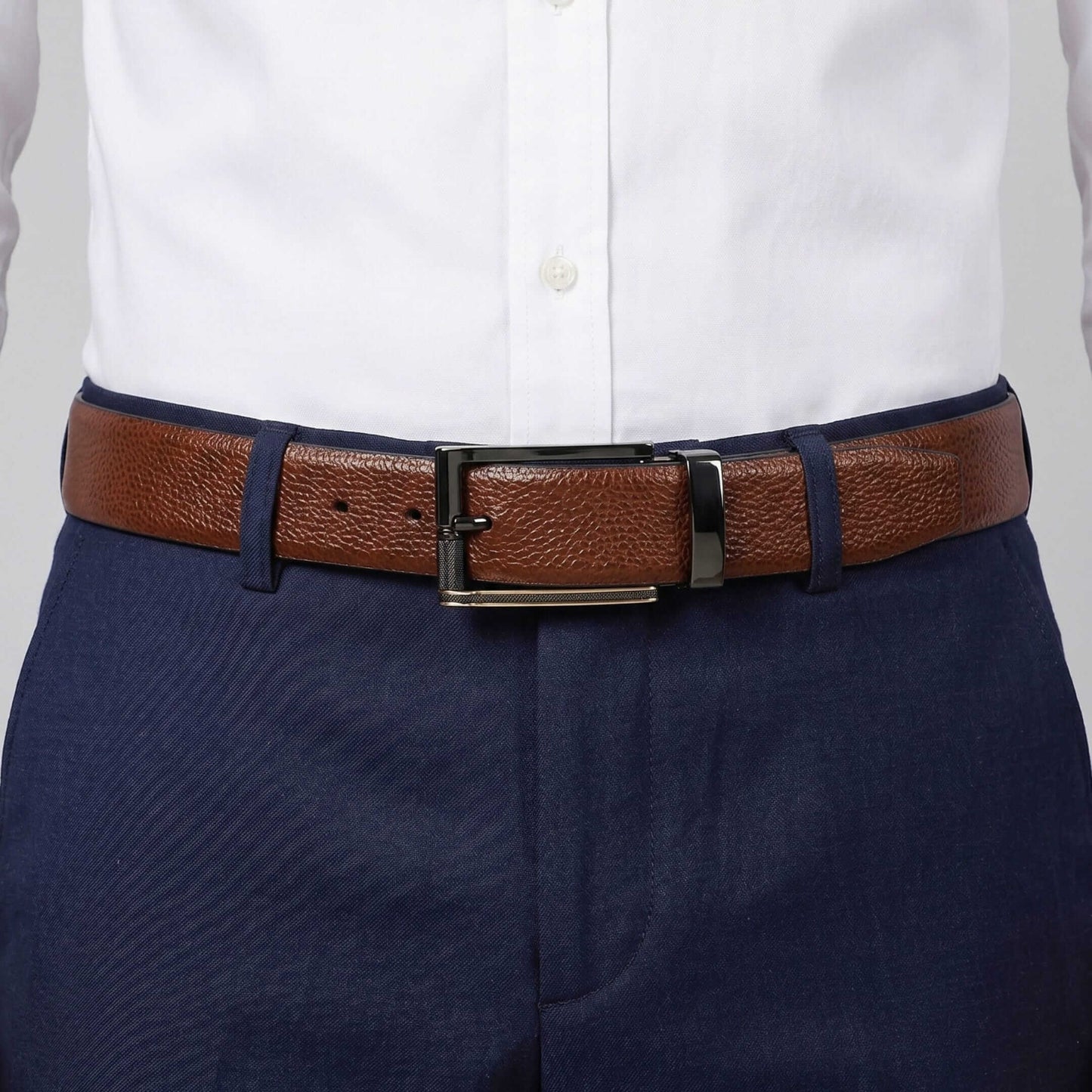 Mens 100% Genuine Leather Belt - LUXORIC Pebble-Grain, TORIX Brushed Bronze Pin Buckle (Brown & Black Reversible) — Leather Belts for Men | THE MEN THING