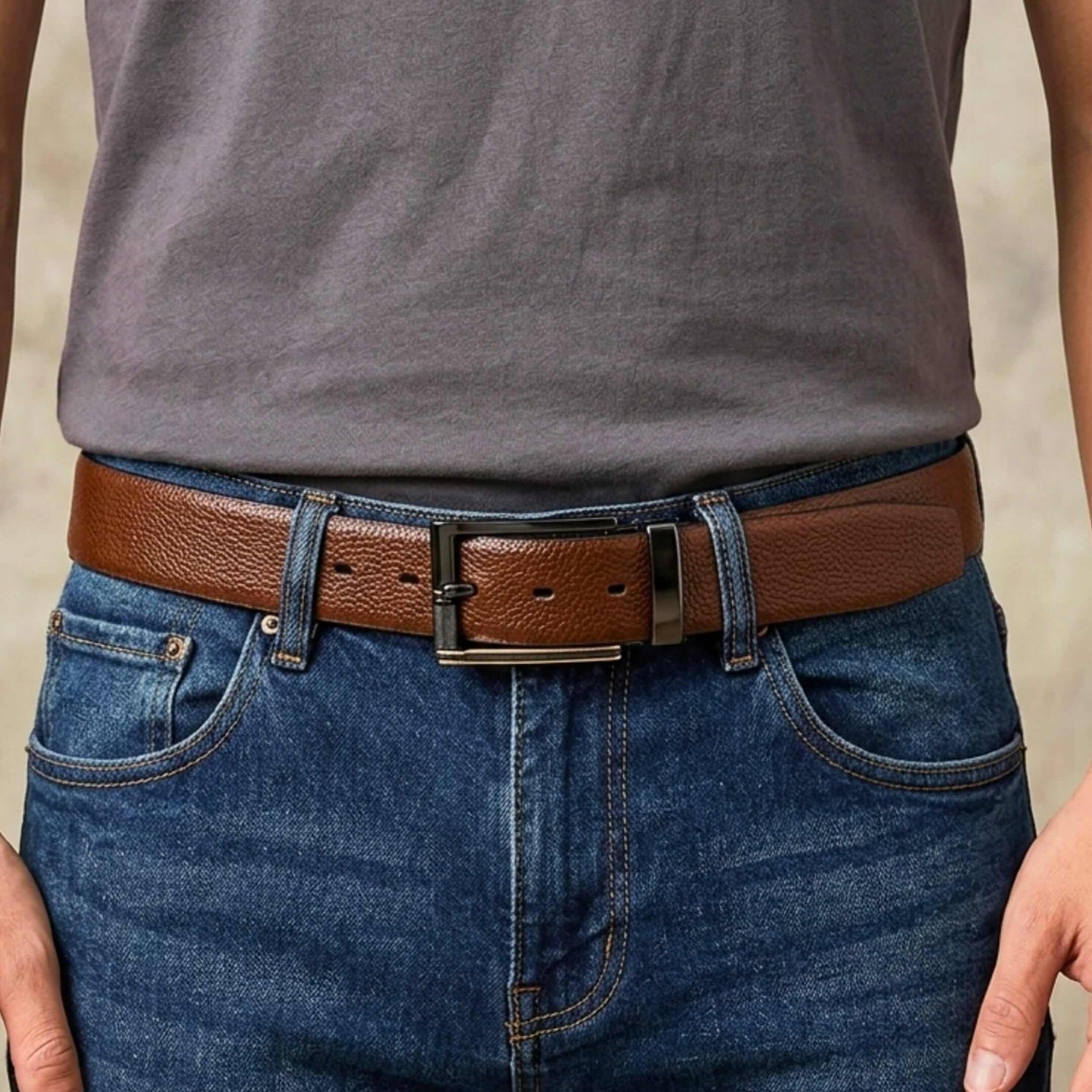 Mens 100% Genuine Leather Belt - LUXORIC Pebble-Grain, TORIX Brushed Bronze Pin Buckle (Brown & Black Reversible) — Leather Belts for Men | THE MEN THING