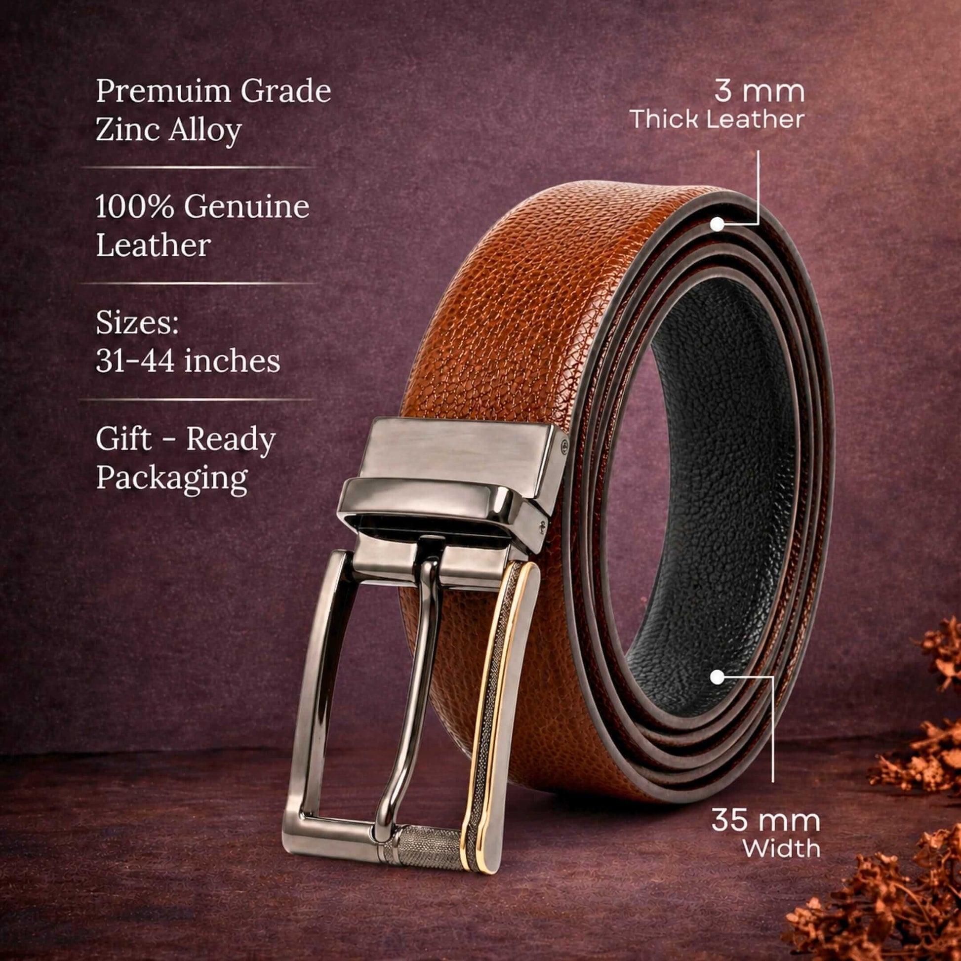 Mens 100% Genuine Leather Belt - LUXORIC Pebble-Grain, TORIX Brushed Bronze Pin Buckle (Brown & Black Reversible) — Leather Belts for Men | THE MEN THING
