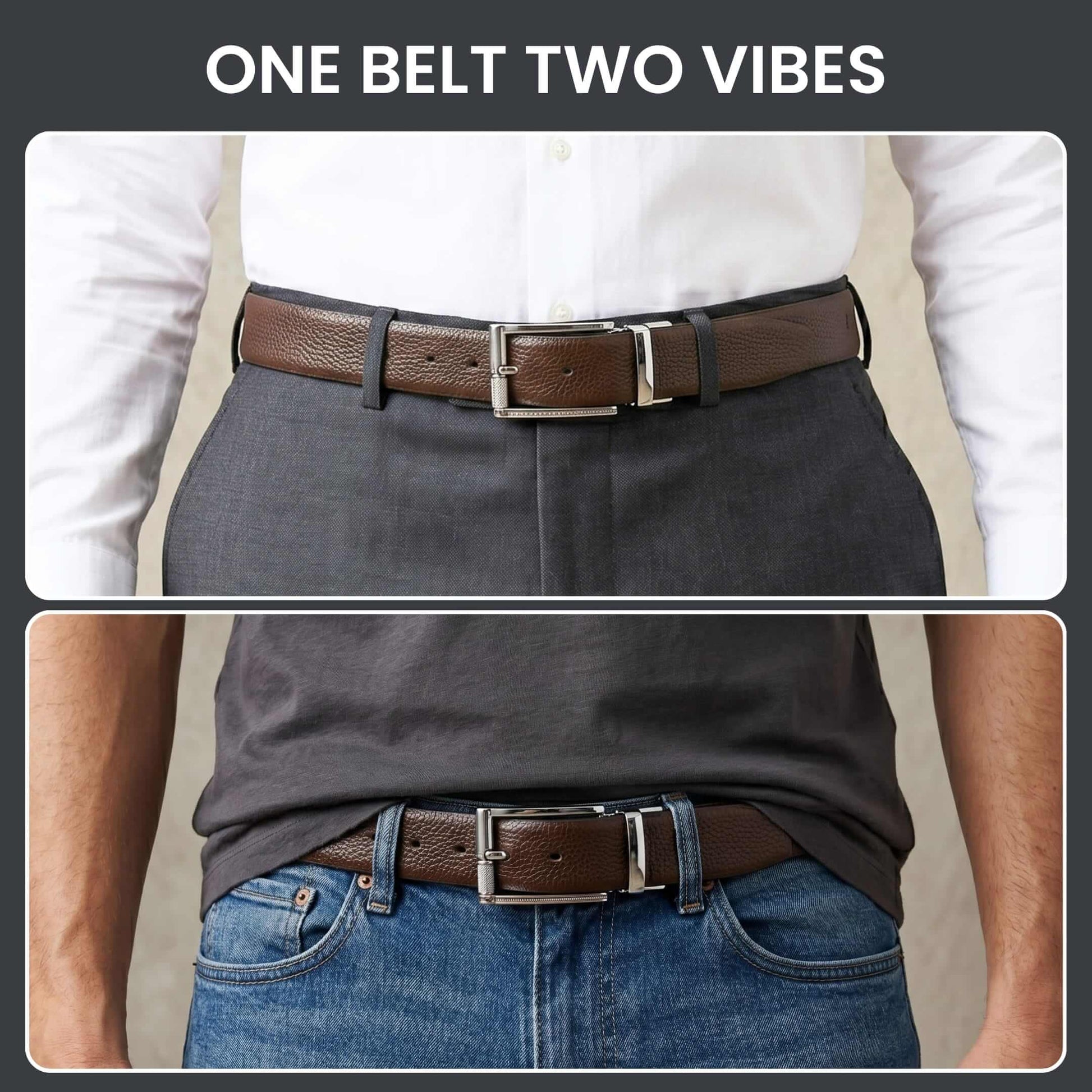 Mens 100% Genuine Leather Belt - LUXORIC Pebble-Grain, DYNARO Mirror Chrome Pin Buckle (Brown & Black Reversible) — Leather Belts for Men | THE MEN THING