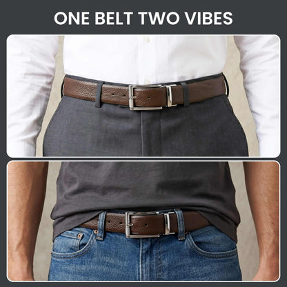 Mens 100% Genuine Leather Belt - LUXORIC Pebble-Grain, DYNARO Mirror Chrome Pin Buckle (Brown & Black Reversible) — Leather Belts for Men | THE MEN THING