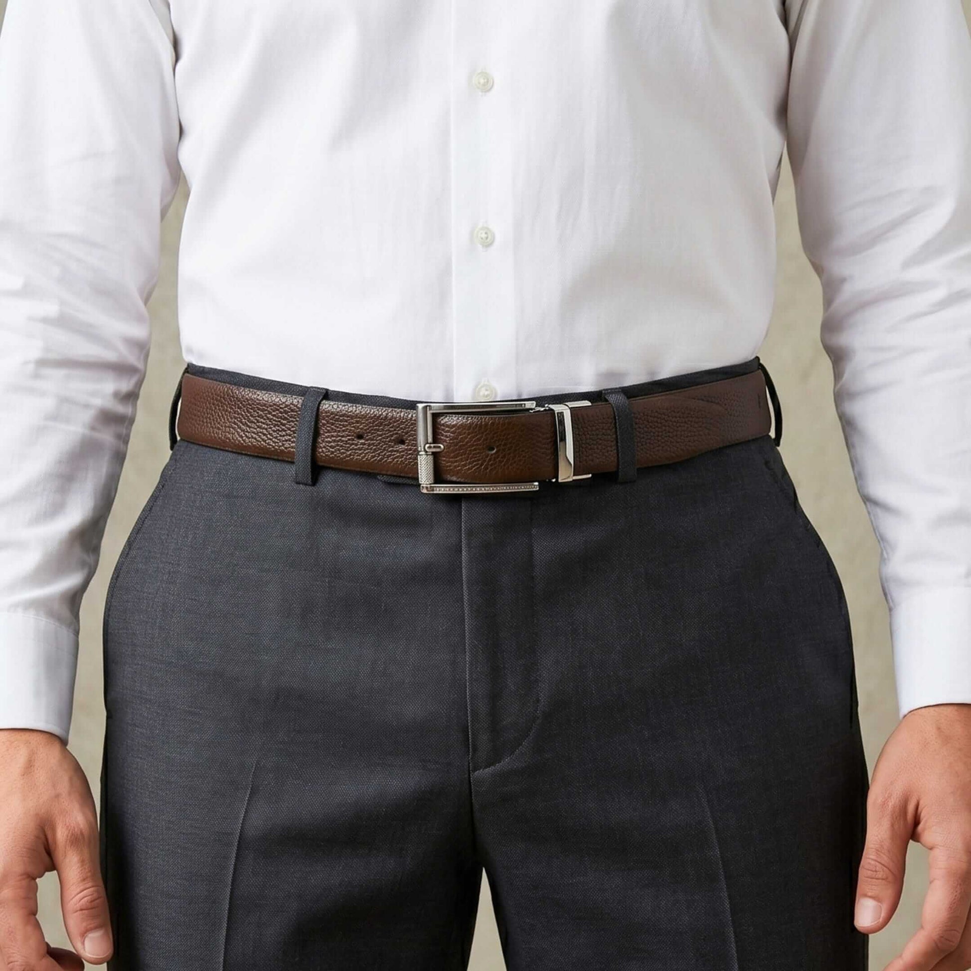 Mens 100% Genuine Leather Belt - LUXORIC Pebble-Grain, DYNARO Mirror Chrome Pin Buckle (Brown & Black Reversible) — Leather Belts for Men | THE MEN THING