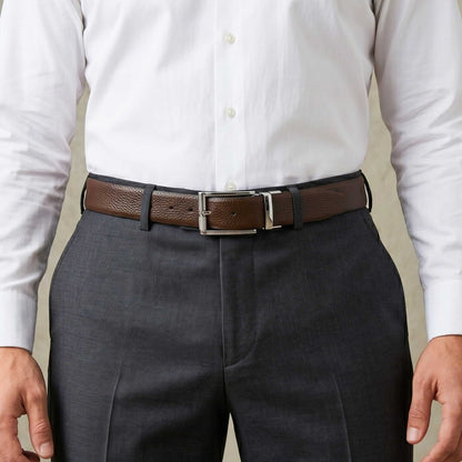 Mens 100% Genuine Leather Belt - LUXORIC Pebble-Grain, DYNARO Mirror Chrome Pin Buckle (Brown & Black Reversible) — Leather Belts for Men | THE MEN THING