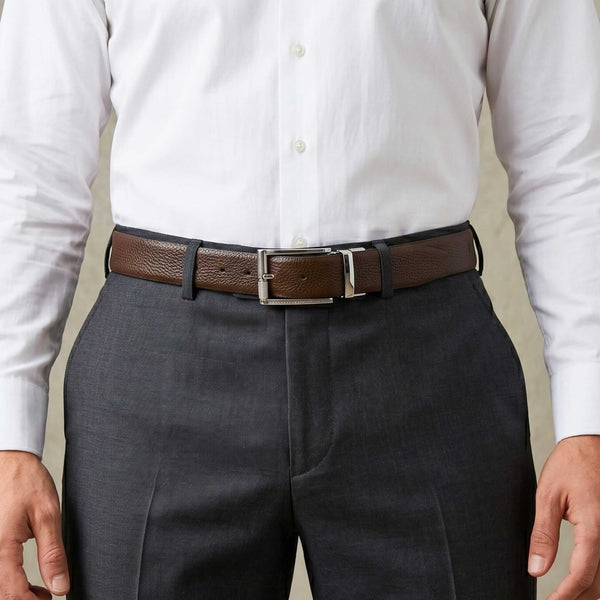 Mens 100% Genuine Leather Belt - LUXORIC Pebble-Grain, DYNARO Mirror Chrome Pin Buckle (Brown & Black Reversible)