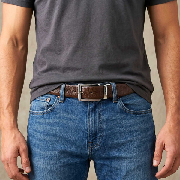 Mens 100% Genuine Leather Belt - LUXORIC Pebble-Grain, DYNARO Mirror Chrome Pin Buckle (Brown & Black Reversible)