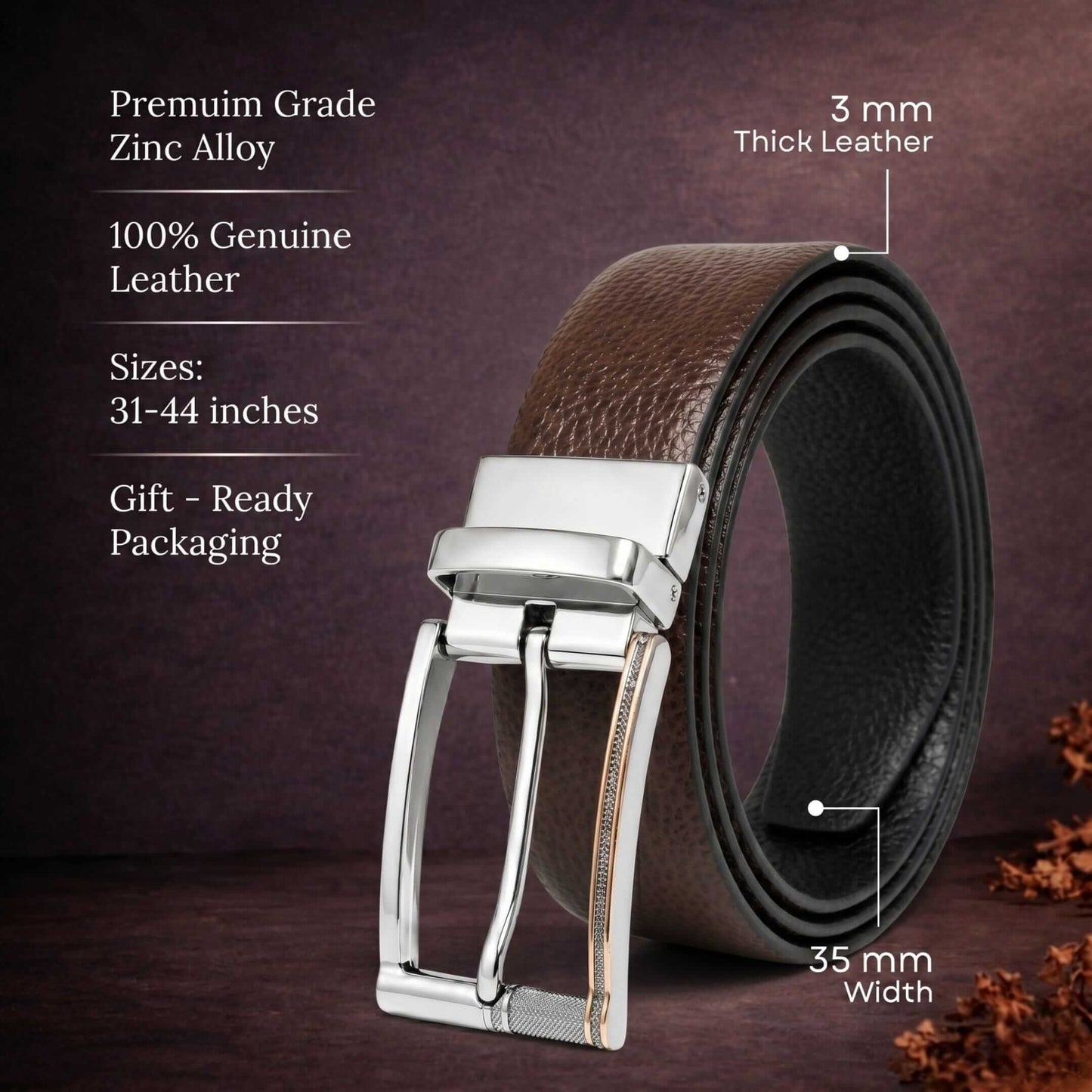 Mens 100% Genuine Leather Belt - LUXORIC Pebble-Grain, DYNARO Mirror Chrome Pin Buckle (Brown & Black Reversible) — Leather Belts for Men | THE MEN THING