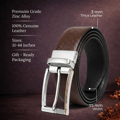 Mens 100% Genuine Leather Belt - LUXORIC Pebble-Grain, DYNARO Mirror Chrome Pin Buckle (Brown & Black Reversible) — Leather Belts for Men | THE MEN THING