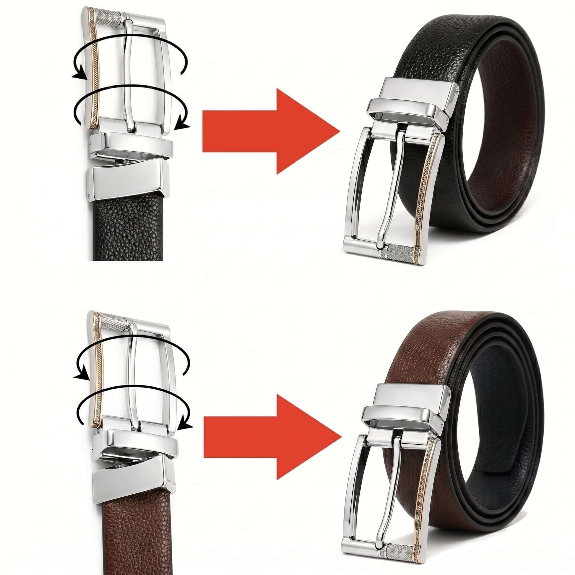 Mens 100% Genuine Leather Belt - LUXORIC Pebble-Grain, DYNARO Mirror Chrome Pin Buckle (Brown & Black Reversible) — Leather Belts for Men | THE MEN THING