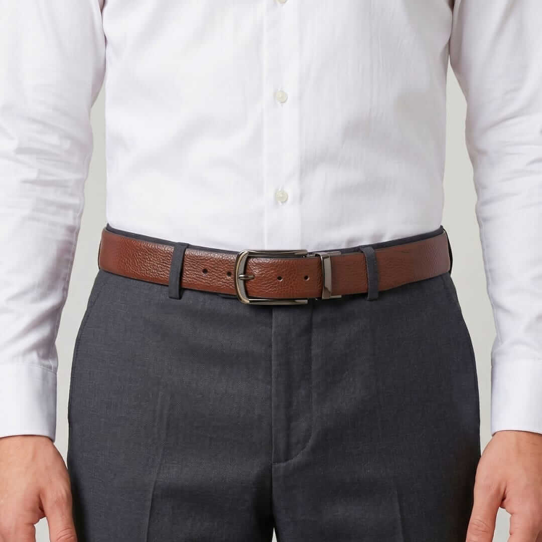 Mens 100% Genuine Leather Belt - LUXORIC Pebble-Grain, ARQON Gold-Trim Gunmetal Pin Buckle (Brown & Black Reversible) — Leather Belts for Men | THE MEN THING