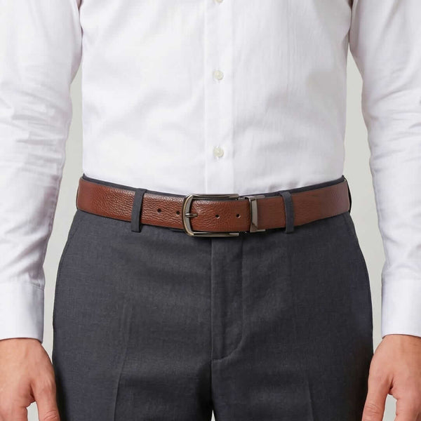 Mens 100% Genuine Leather Belt - LUXORIC Pebble-Grain, ARQON Gold-Trim Gunmetal Pin Buckle (Brown & Black Reversible)
