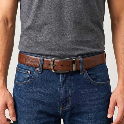Mens 100% Genuine Leather Belt - LUXORIC Pebble-Grain, ARQON Gold-Trim Gunmetal Pin Buckle (Brown & Black Reversible) — Leather Belts for Men | THE MEN THING