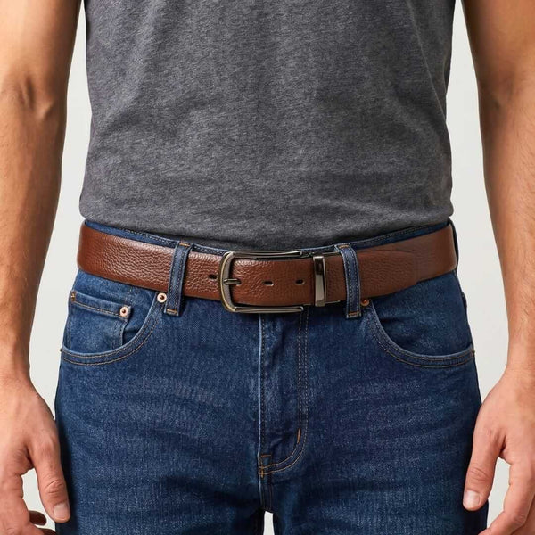 Mens 100% Genuine Leather Belt - LUXORIC Pebble-Grain, ARQON Gold-Trim Gunmetal Pin Buckle (Brown & Black Reversible)