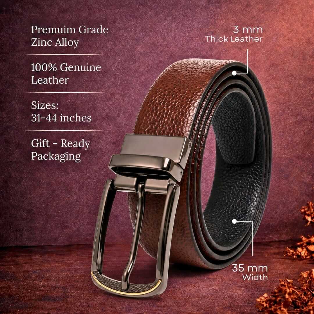 Mens 100% Genuine Leather Belt - LUXORIC Pebble-Grain, ARQON Gold-Trim Gunmetal Pin Buckle (Brown & Black Reversible) — Leather Belts for Men | THE MEN THING