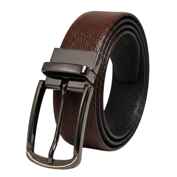 Mens 100% Genuine Leather Belt - LUXORIC Pebble-Grain, ARQON Gold-Trim Gunmetal Pin Buckle (Brown & Black Reversible)
