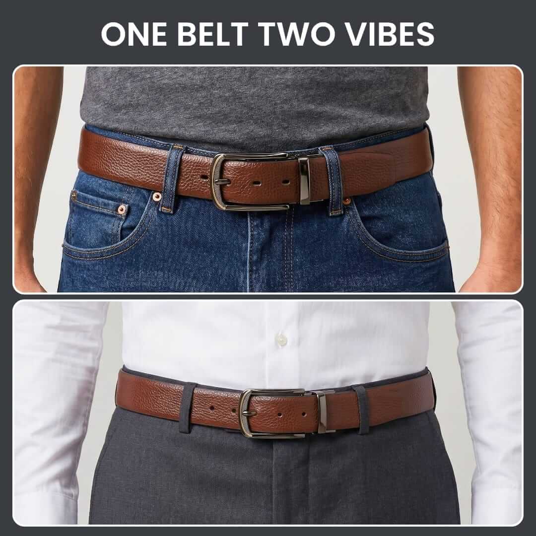 Mens 100% Genuine Leather Belt - LUXORIC Pebble-Grain, ARQON Gold-Trim Gunmetal Pin Buckle (Brown & Black Reversible) — Leather Belts for Men | THE MEN THING