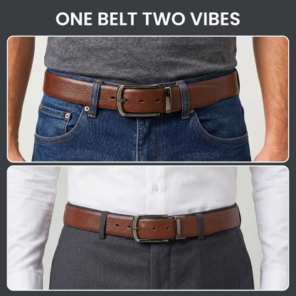 Mens 100% Genuine Leather Belt - LUXORIC Pebble-Grain, ARQON Gold-Trim Gunmetal Pin Buckle (Brown & Black Reversible) — Leather Belts for Men | THE MEN THING