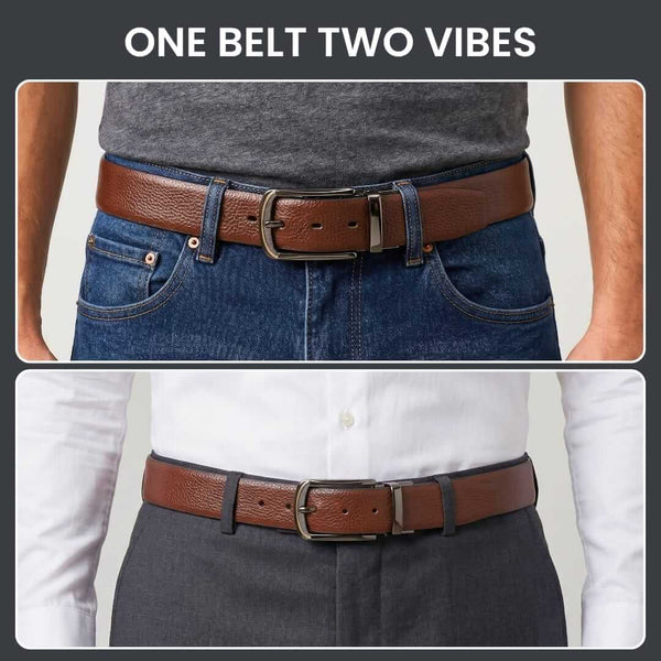Mens 100% Genuine Leather Belt - LUXORIC Pebble-Grain, ARQON Gold-Trim Gunmetal Pin Buckle (Brown & Black Reversible)