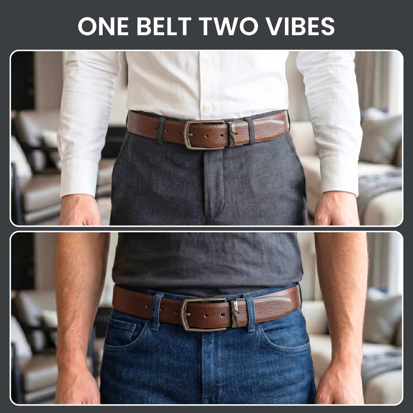 Mens 100% Genuine Leather Belt - LUXORIC Pebble-Grain, MORVEX Matte Gunmetal Pin Buckle (Brown & Black Reversible) — Leather Belts for Men | THE MEN THING
