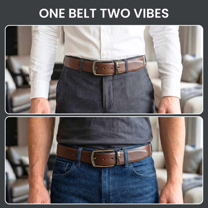 Mens 100% Genuine Leather Belt - LUXORIC Pebble-Grain, MORVEX Matte Gunmetal Pin Buckle (Brown & Black Reversible) — Leather Belts for Men | THE MEN THING