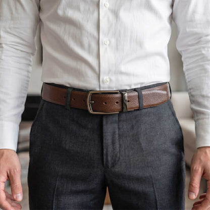 Mens 100% Genuine Leather Belt - LUXORIC Pebble-Grain, MORVEX Matte Gunmetal Pin Buckle (Brown & Black Reversible) — Leather Belts for Men | THE MEN THING