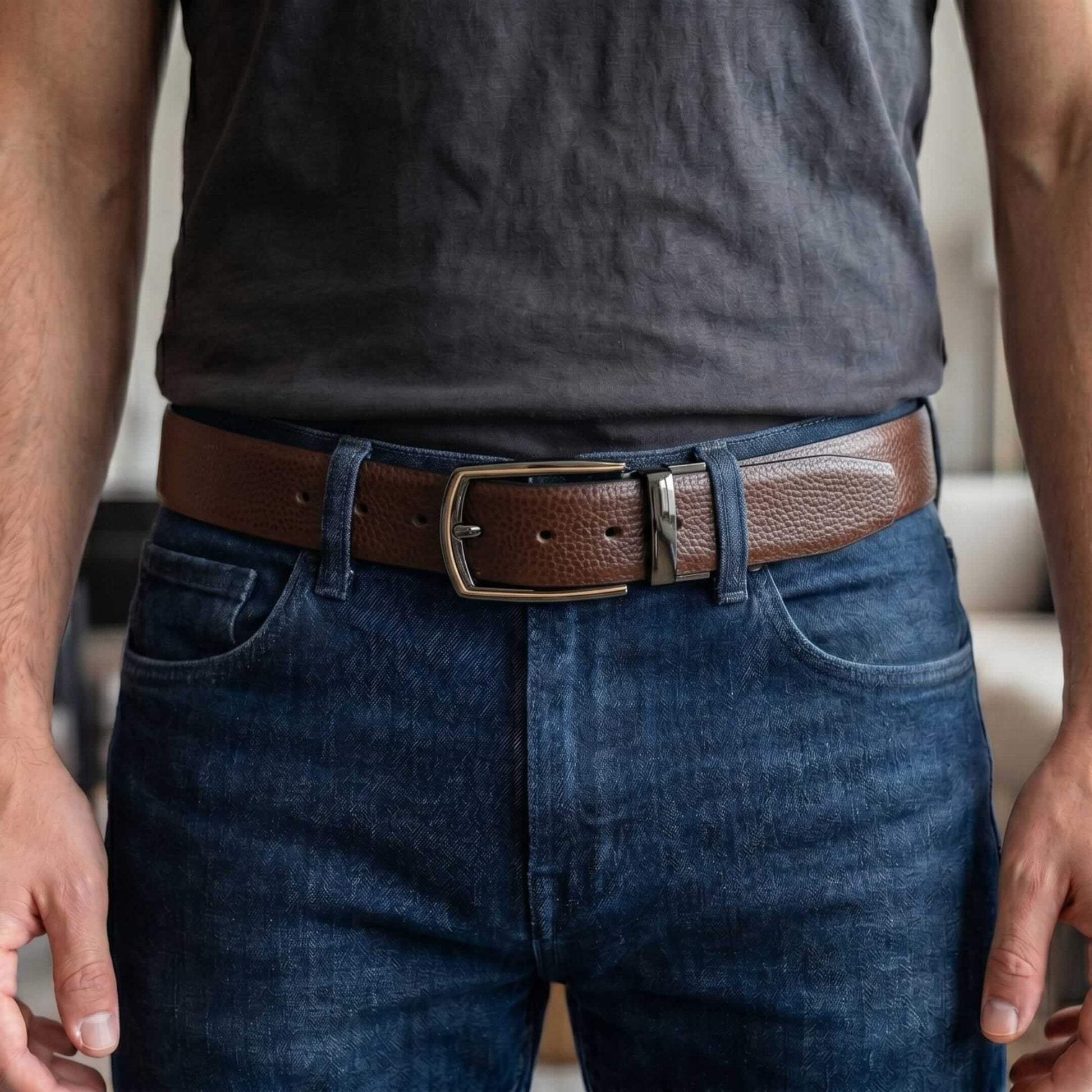 Mens 100% Genuine Leather Belt - LUXORIC Pebble-Grain, MORVEX Matte Gunmetal Pin Buckle (Brown & Black Reversible) — Leather Belts for Men | THE MEN THING