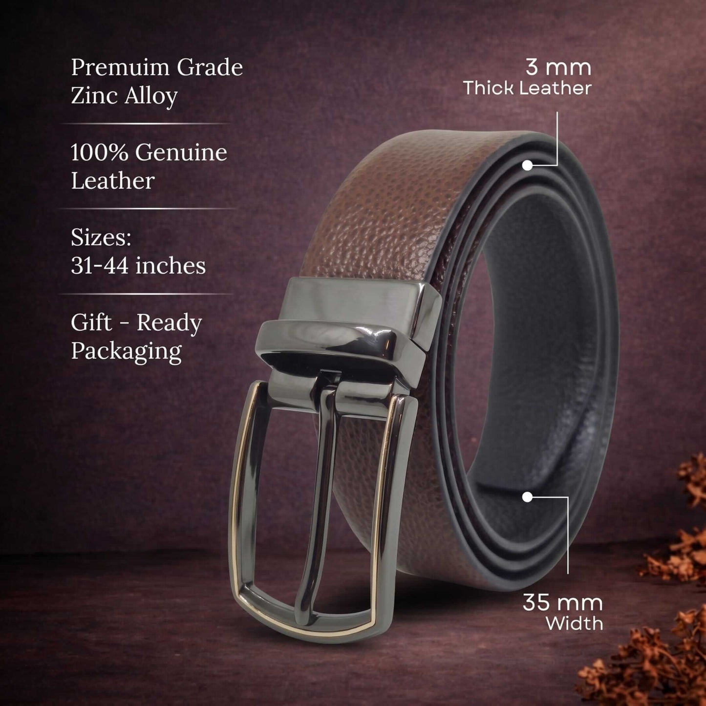 Mens 100% Genuine Leather Belt - LUXORIC Pebble-Grain, MORVEX Matte Gunmetal Pin Buckle (Brown & Black Reversible) — Leather Belts for Men | THE MEN THING