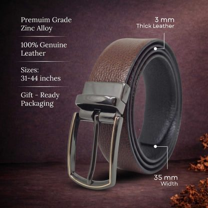 Mens 100% Genuine Leather Belt - LUXORIC Pebble-Grain, MORVEX Matte Gunmetal Pin Buckle (Brown & Black Reversible) — Leather Belts for Men | THE MEN THING