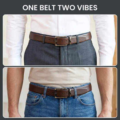 Mens 100% Genuine Leather Belt - LUXORIC Pebble-Grain, TORVIK Gold-Border Gunmetal Pin Buckle (Brown & Black Reversible) — Leather Belts for Men | THE MEN THING