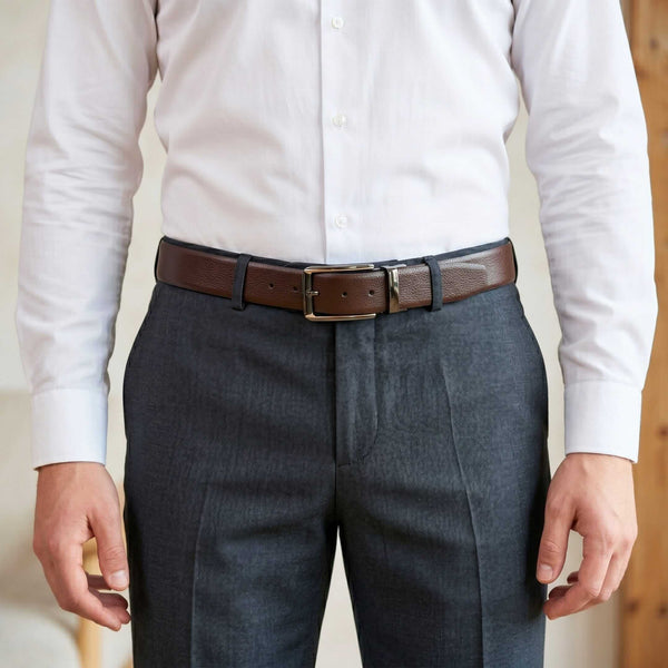 Mens 100% Genuine Leather Belt - LUXORIC Pebble-Grain, TORVIK Gold-Border Gunmetal Pin Buckle (Brown & Black Reversible)