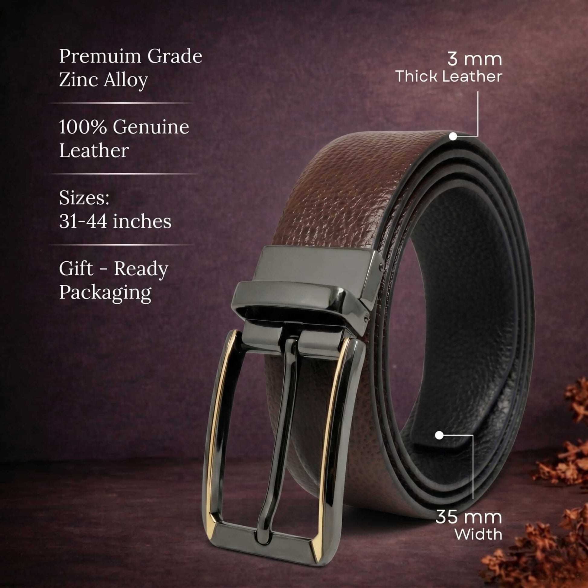 Mens 100% Genuine Leather Belt - LUXORIC Pebble-Grain, TORVIK Gold-Border Gunmetal Pin Buckle (Brown & Black Reversible) — Leather Belts for Men | THE MEN THING