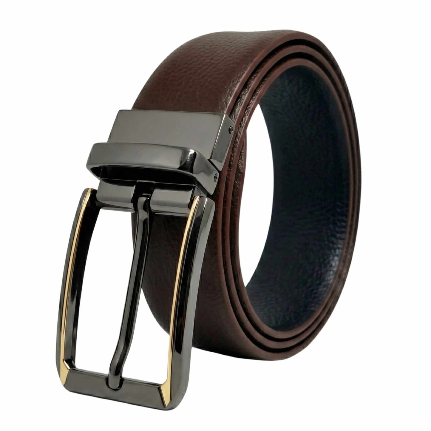 Mens 100% Genuine Leather Belt - LUXORIC Pebble-Grain, TORVIK Gold-Border Gunmetal Pin Buckle (Brown & Black Reversible) — Leather Belts for Men | THE MEN THING