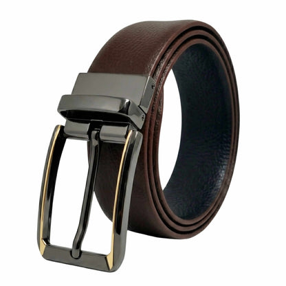 Mens 100% Genuine Leather Belt - LUXORIC Pebble-Grain, TORVIK Gold-Border Gunmetal Pin Buckle (Brown & Black Reversible) — Leather Belts for Men | THE MEN THING