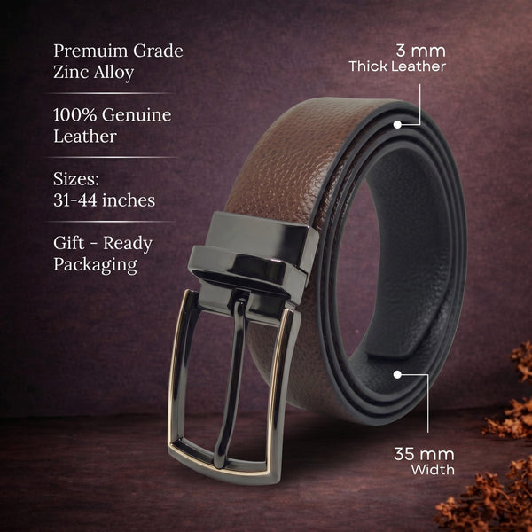 Mens Genuine Leather Belt | 2 in 1 Reversible (Brown & Black) (1 Pc.) - LUXORIC
