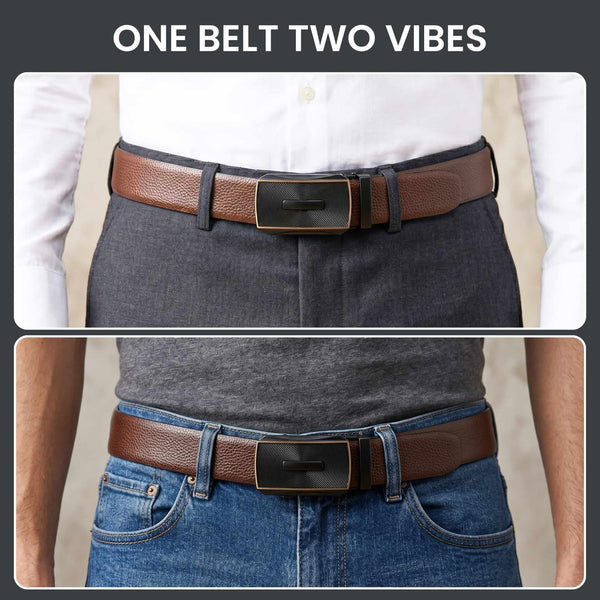 Mens 100% Genuine Leather Belt - LUXORIC Pebble-Grain, SNAPTOR Gold-Bar Auto-Lock Buckle (Brown & Black Reversible)