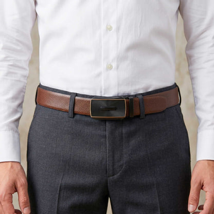 Mens 100% Genuine Leather Belt - LUXORIC Pebble-Grain, SNAPTOR Gold-Bar Auto-Lock Buckle (Brown & Black Reversible) — Leather Belts for Men | THE MEN THING