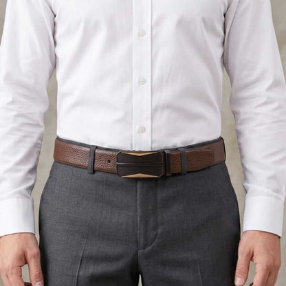 Mens 100% Genuine Leather Belt - LUXORIC Pebble-Grain, RATCHOR Gold-Accent Auto-Lock Buckle (Brown & Black Reversible) — Leather Belts for Men | THE MEN THING