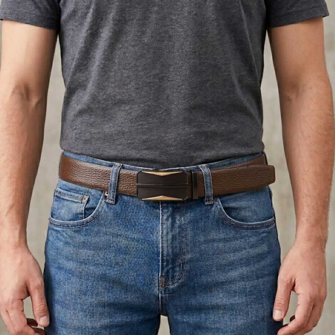 Mens 100% Genuine Leather Belt - LUXORIC Pebble-Grain, RATCHOR Gold-Accent Auto-Lock Buckle (Brown & Black Reversible) — Leather Belts for Men | THE MEN THING