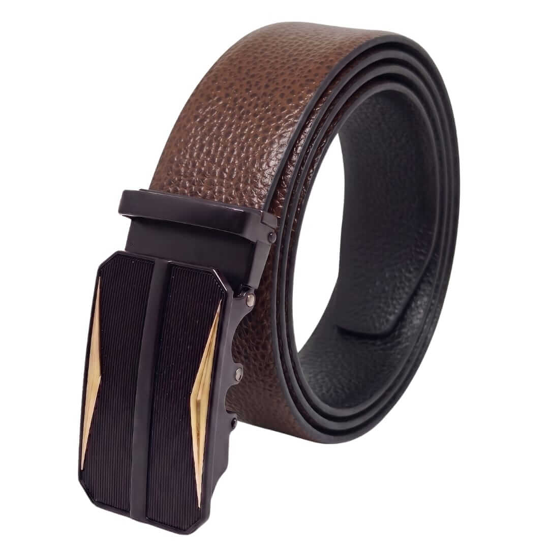 Mens 100% Genuine Leather Belt - LUXORIC Pebble-Grain, RATCHOR Gold-Accent Auto-Lock Buckle (Brown & Black Reversible) — Leather Belts for Men | THE MEN THING