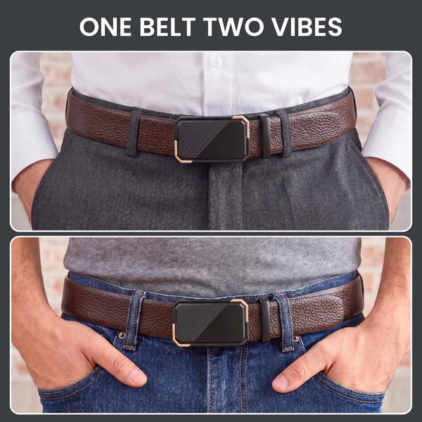 Mens 100% Genuine Leather Belt - LUXORIC Pebble-Grain, BELVARO Gloss Gold-Frame Auto-Lock Buckle (Brown & Black Reversible)