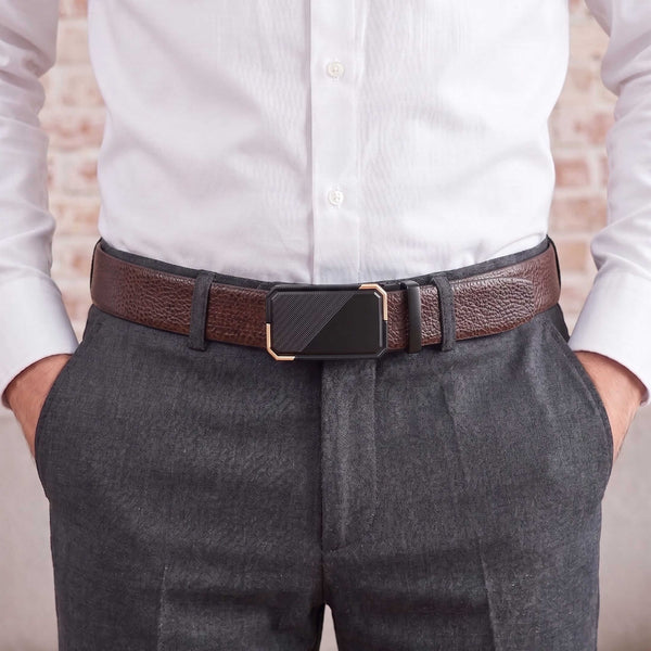 Mens 100% Genuine Leather Belt - LUXORIC Pebble-Grain, BELVARO Gloss Gold-Frame Auto-Lock Buckle (Brown & Black Reversible)