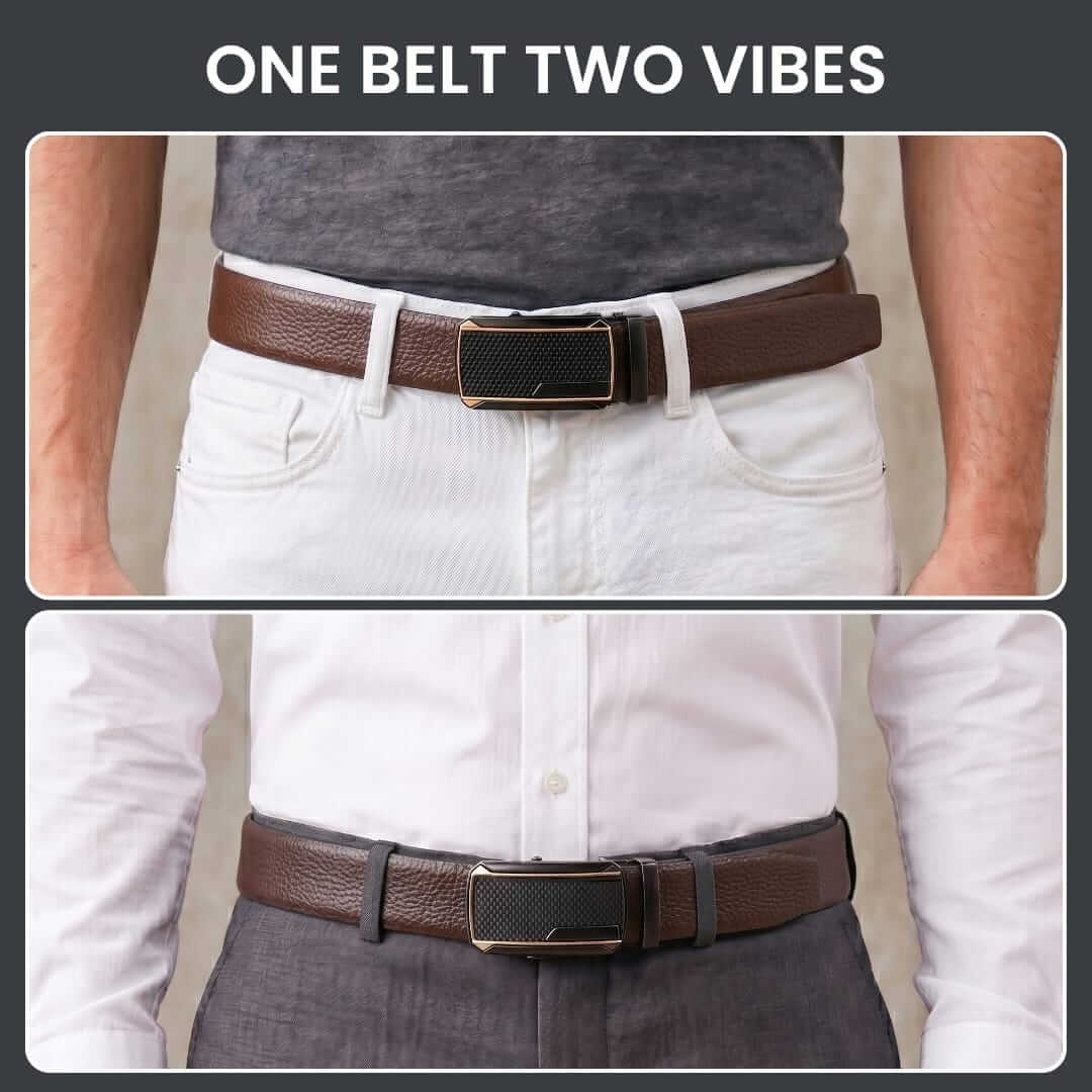 Mens 100% Genuine Leather Belt - LUXORIC Pebble-Grain, KINGVAR Carbon-Texture Auto-Lock Buckle (Brown & Black Reversible) — Leather Belts for Men | THE MEN THING