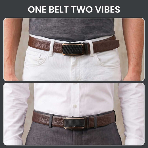 Mens 100% Genuine Leather Belt - LUXORIC Pebble-Grain, KINGVAR Carbon-Texture Auto-Lock Buckle (Brown & Black Reversible)